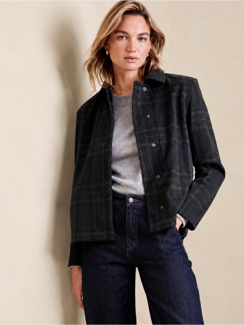 Banana Republic Petite Small Plaid Jacket Black Gray Wool Look Preppy Fall